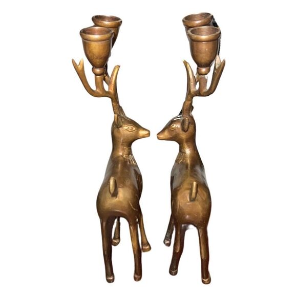 Vintage Pair Solid Brass Reindeer Candle Holders Christmas Holiday Decor - Picture 2 of 11